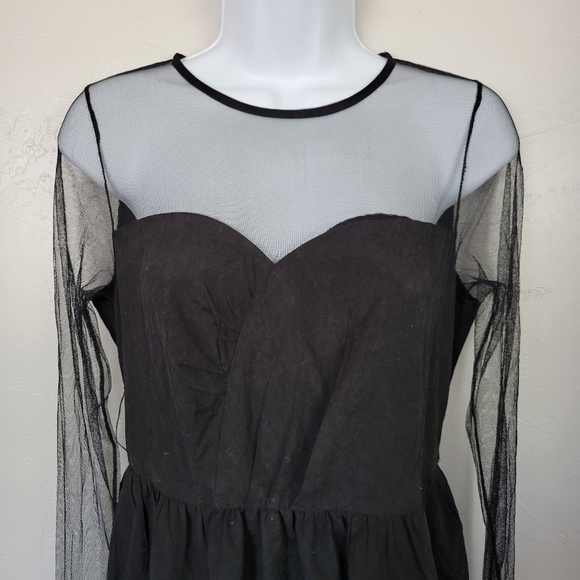 Ryu NWT Medium Black Dress Mesh Long Sleeve Pleated Tulle Trim Sheer Sleeves - Picture 2 of 9
